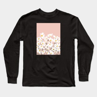 Les Fleurs de Paris - White Cosmos Flowers on Pink Long Sleeve T-Shirt